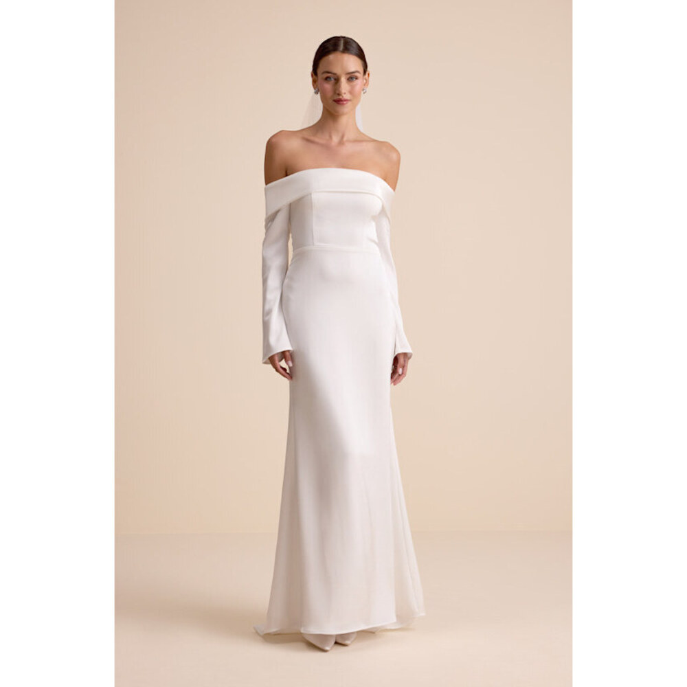 Lulus Saintclair White Satin Off-the-shoulder Long Sleeve Maxi Dress - Size L